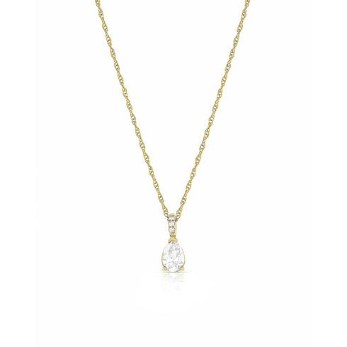 pear shaped white diamond pendant in a drop setting<br>with diamond-kissed bail and rope-style gold chain <span class='visuallyhidden'>Call or text 323-404-2959 if you need shopping assistance.</span>